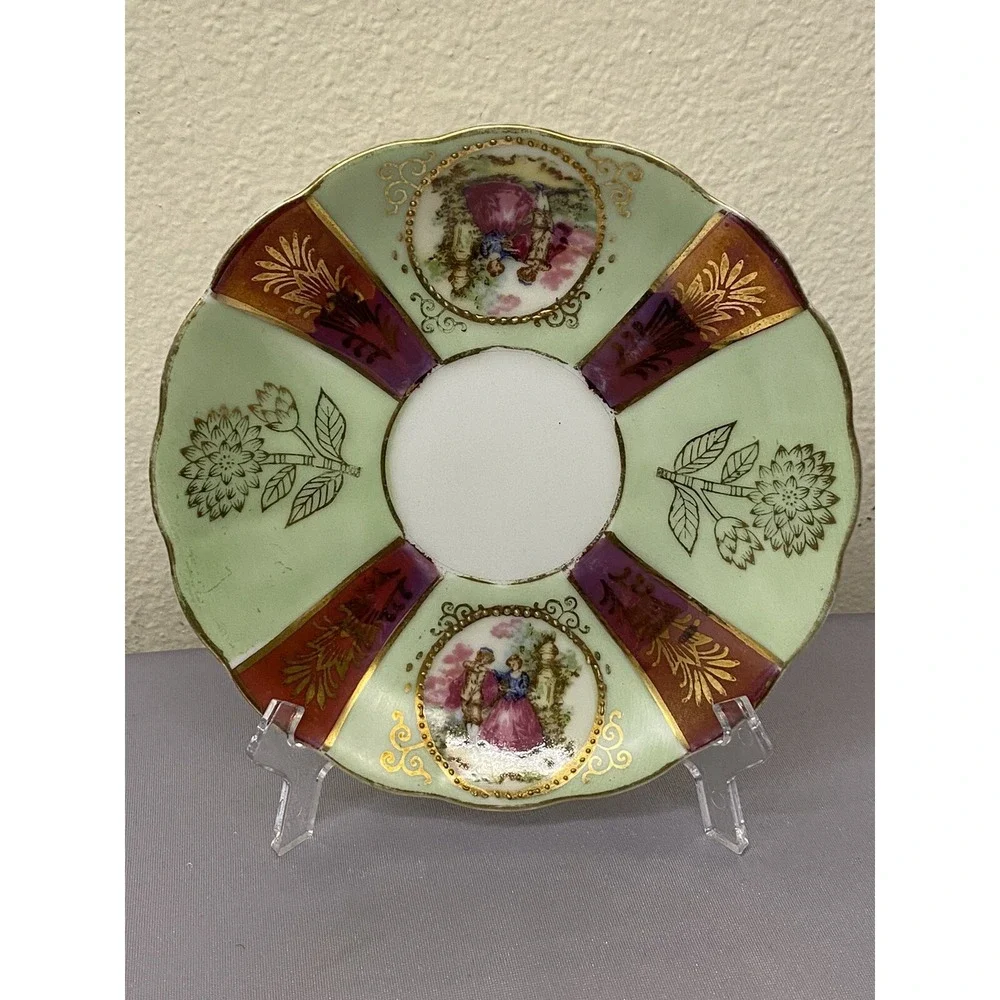 Royal Sealy China Japan Cup and Saucer - Courting Couple Mint Green /Iridescence